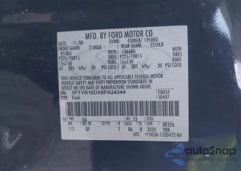 2009 Ford Ranger Sport/Xl/Xlt из США, поврежденный, VIN 1FTYR10DX9PA24344